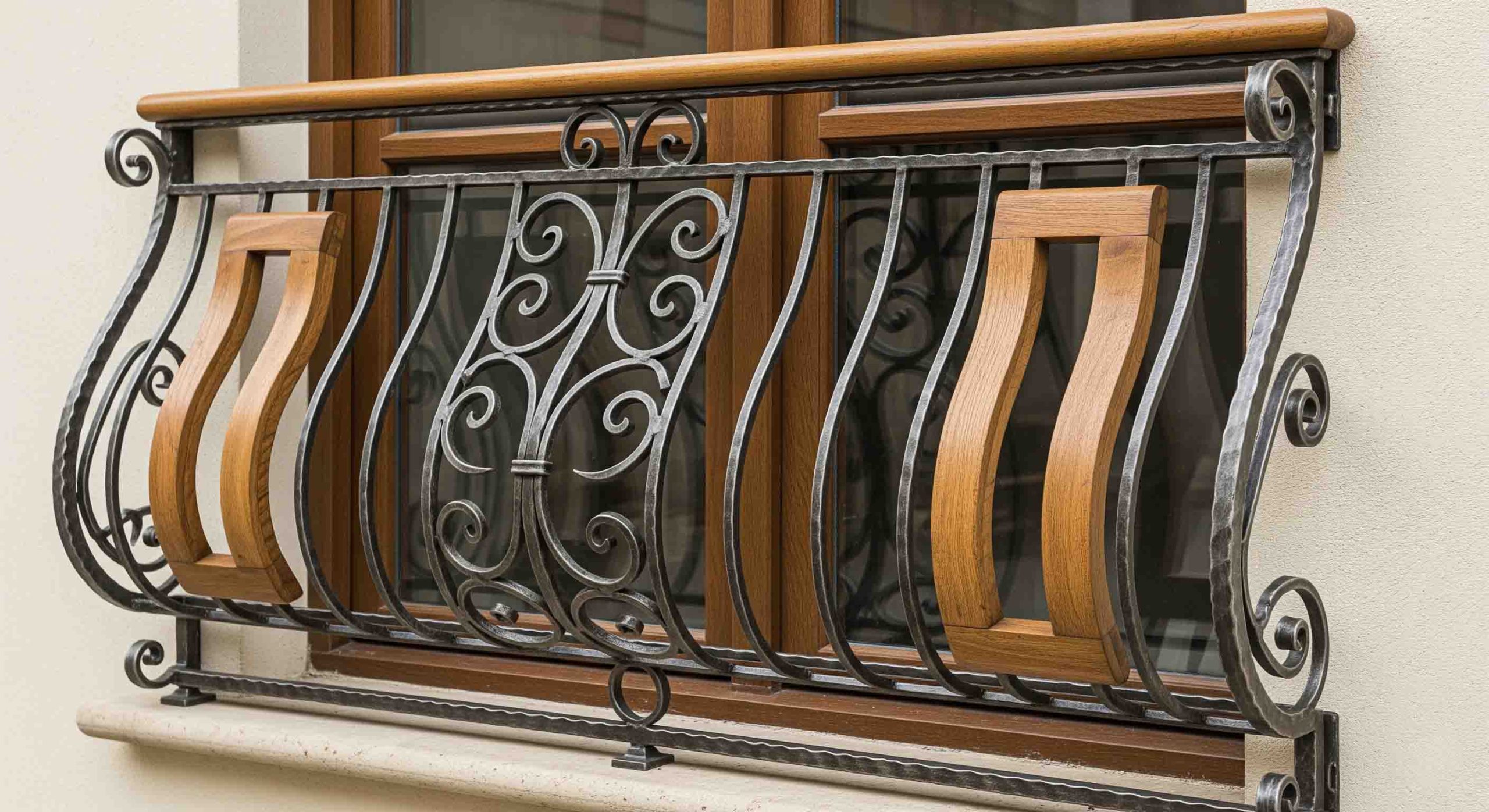 طرح ترکیبی فلز و چوب نرده پنجره فرفورژه 