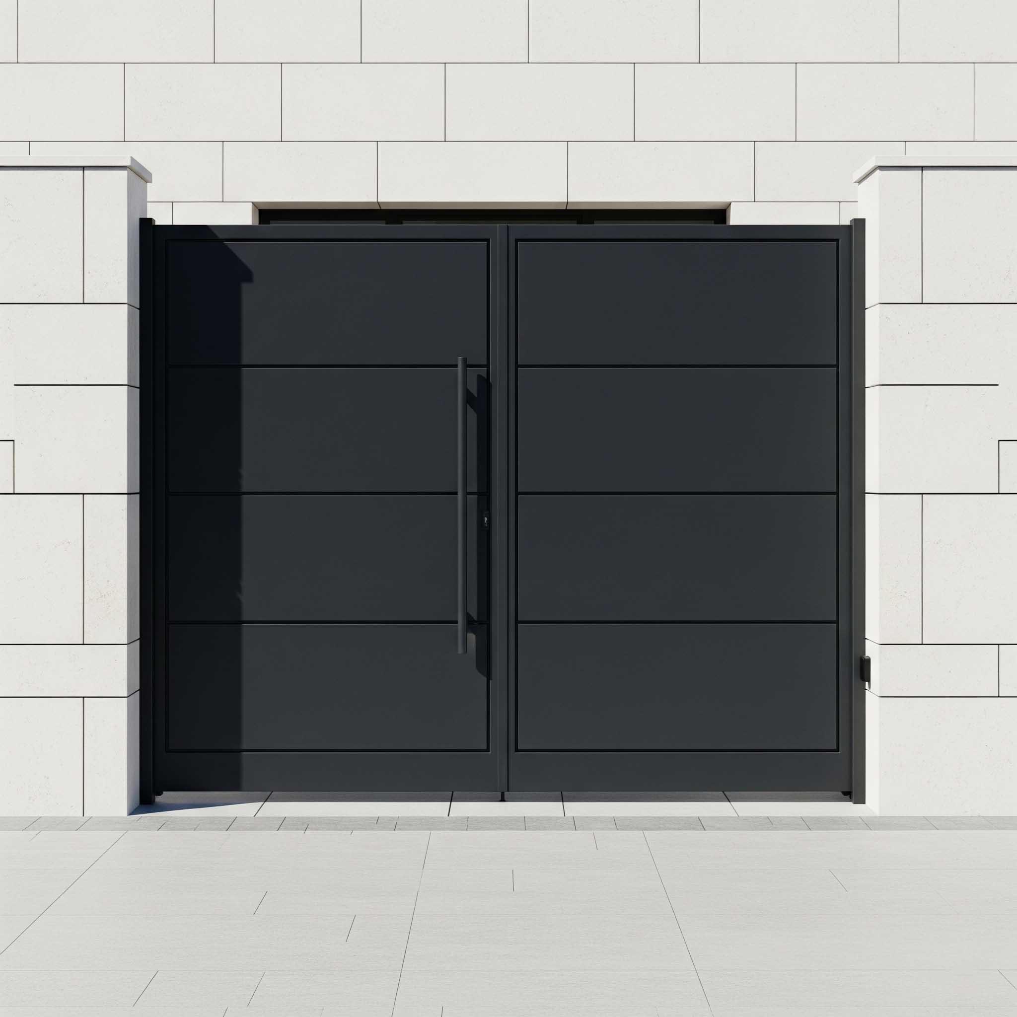 درب حیاط آهنی دو لنگه ساده و شیک با طراحی مدرن و رنگ تیره