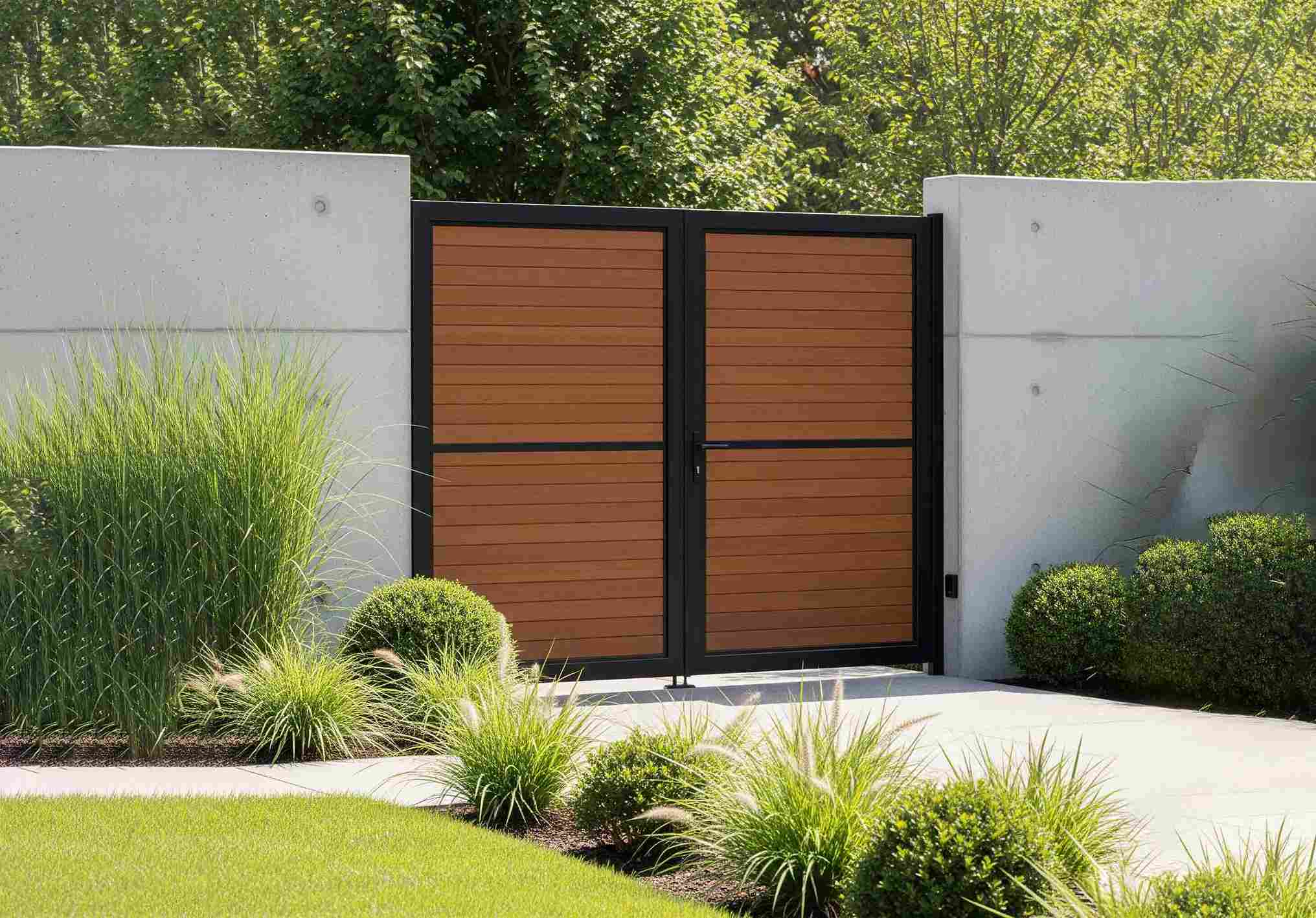 درب دو لنگه مدرن با چهارچوب فلزی مشکی و پنلهای چوب ترمو به صورت افقی