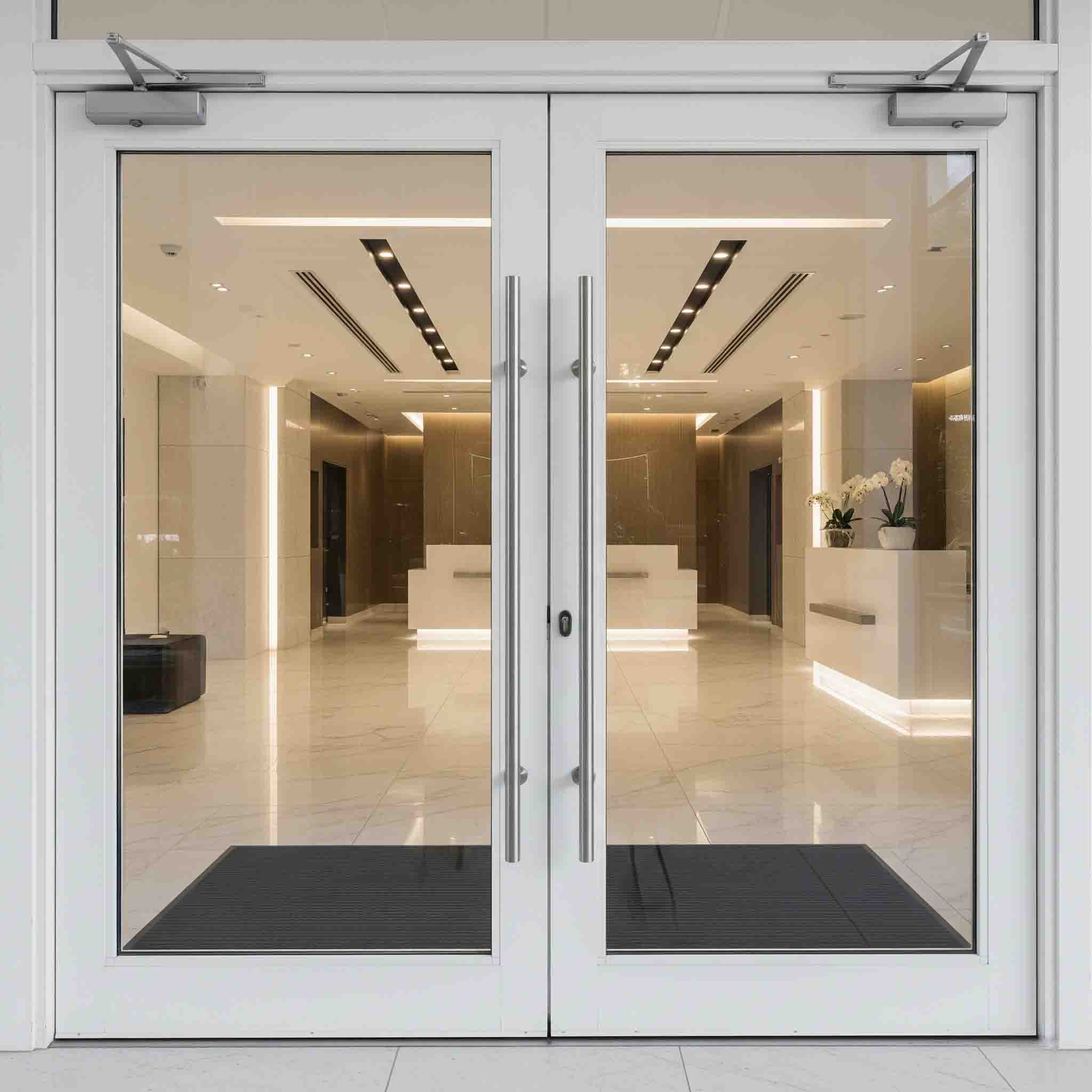 درب ضد سرقت دو لنگه سفید شیک در ورودی یک لابی مدرن