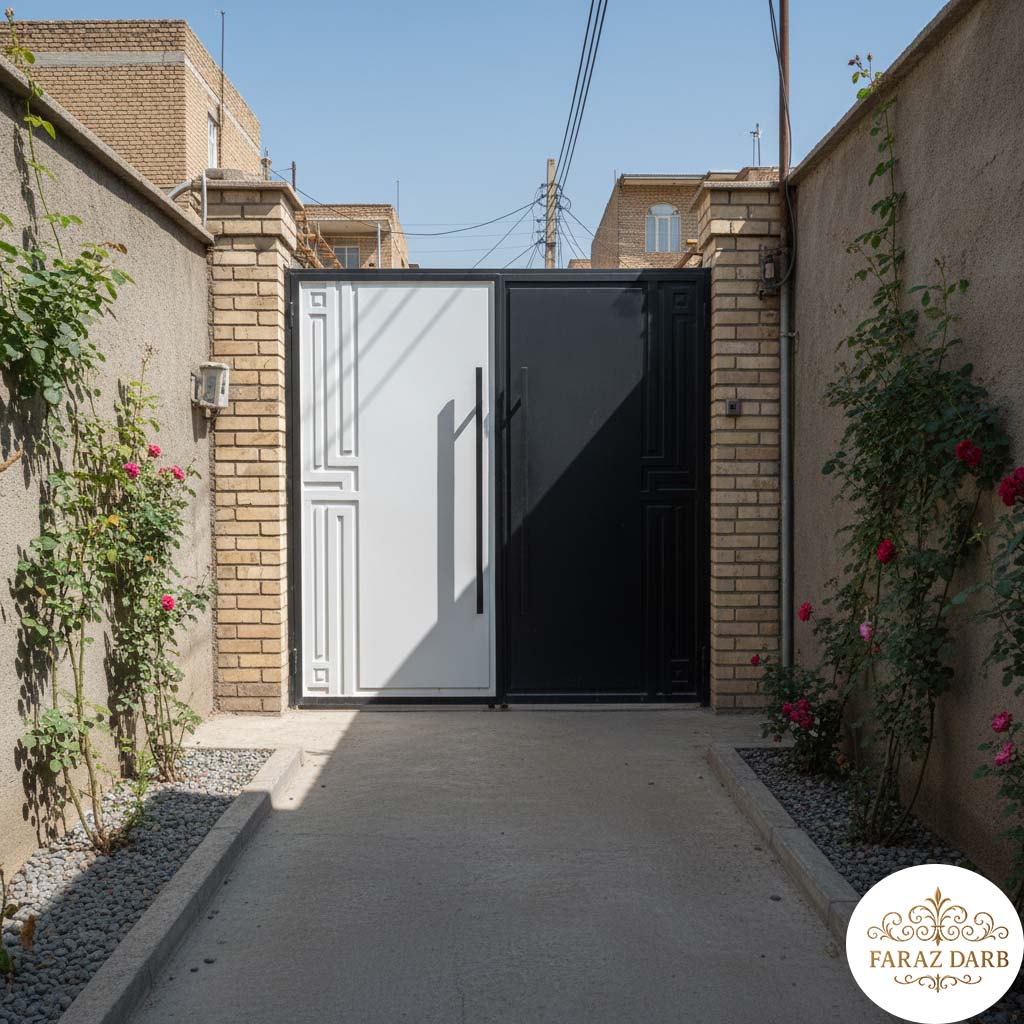درب حیاط با طراحی نیمه سفید و نیمه مشکی