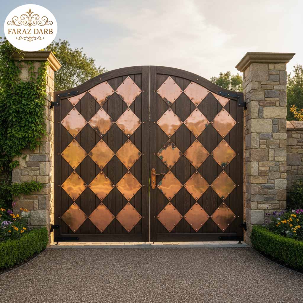 درب حیاط با طرح لوزی‌های مسی