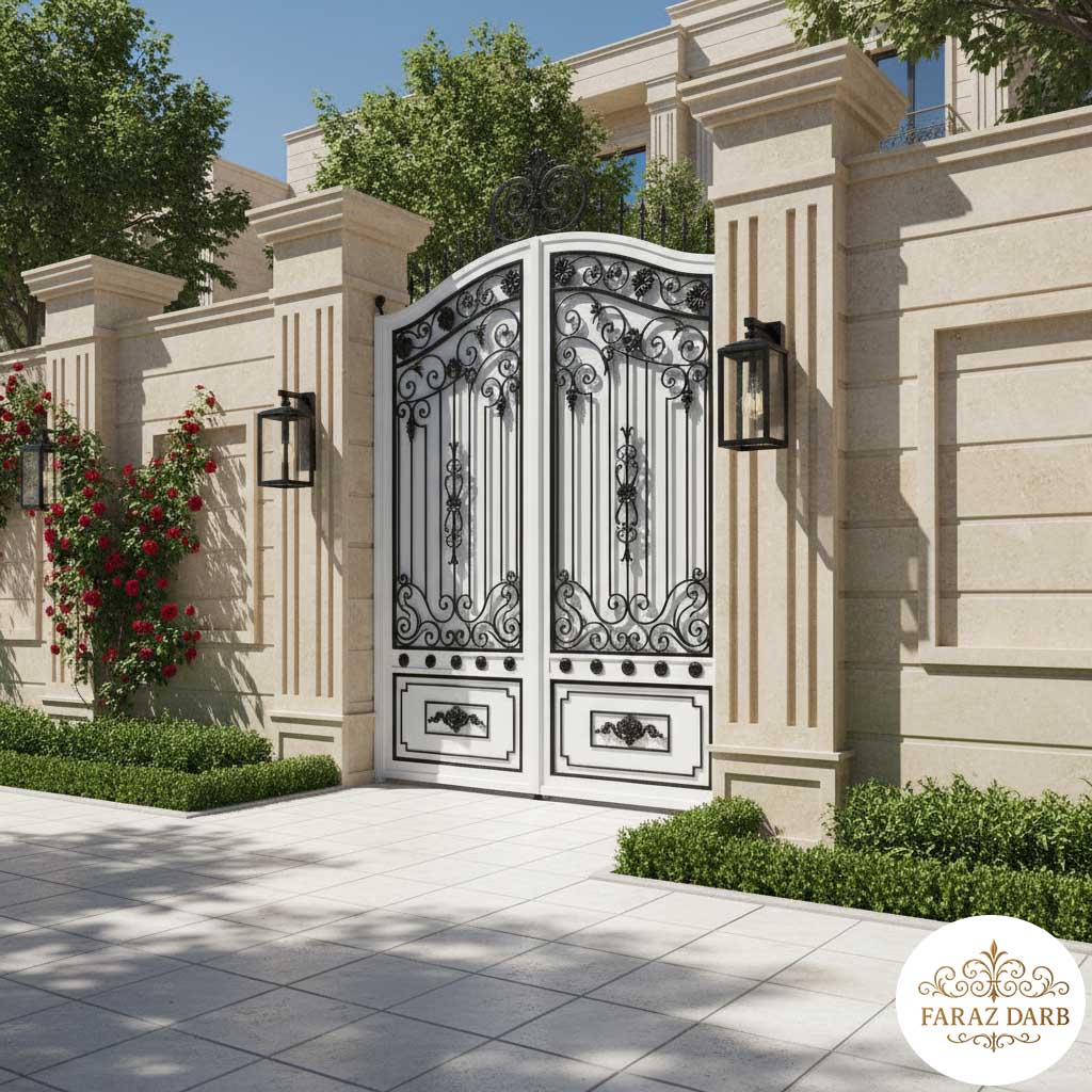درب حیاط سفید با تزئینات فرفورژه مشکی
