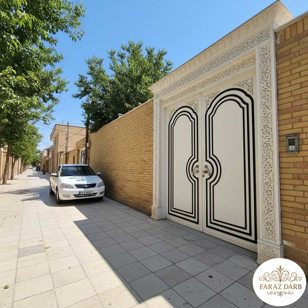 درب حیاط سفید با خطوط محیطی مشکی