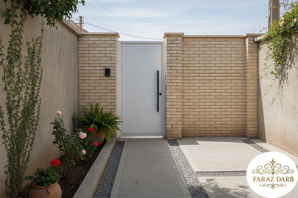 درب حیاط سفید با دستگیره مشکی