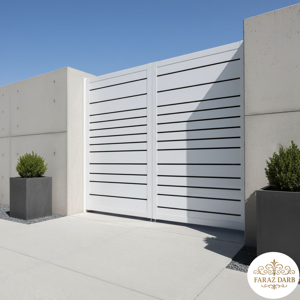 درب حیاط سفید براق با خطوط افقی مشکی