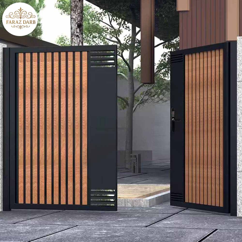 درب حیاط طرح چوب با جزئیات مسی