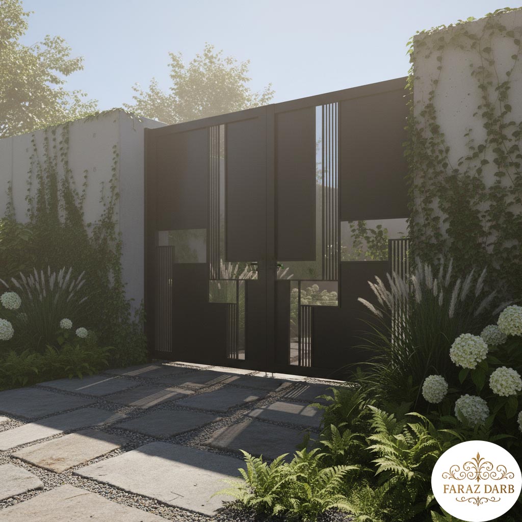درب حیاط مدرن با ترکیب فلز مشکی و شیشه