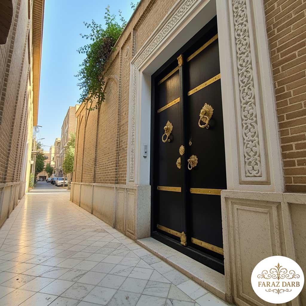 درب حیاط مشکی با قاب سفید و یراق طلایی