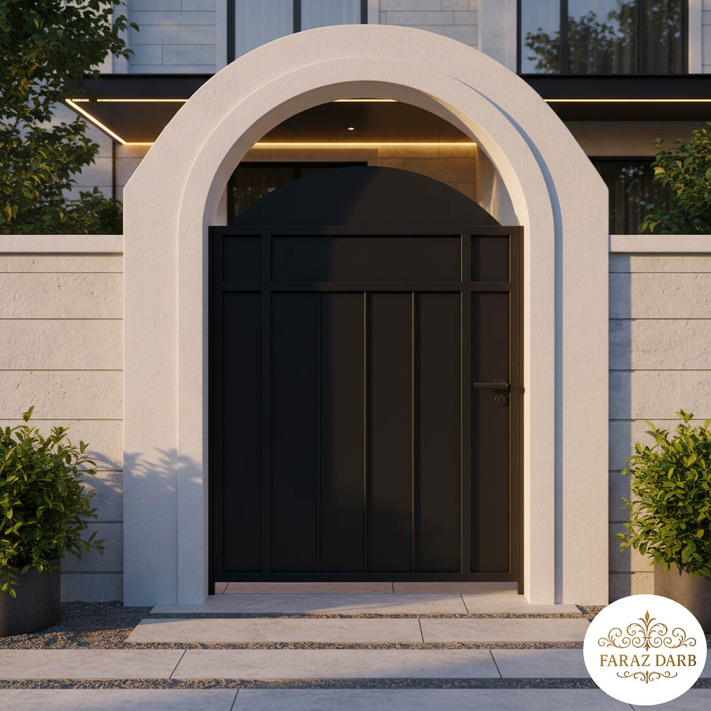 درب حیاط مشکی مات با چارچوب سفید