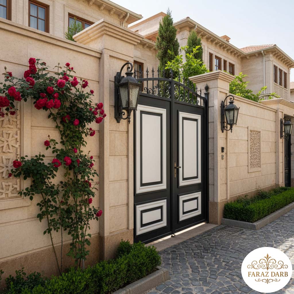درب حیاط کلاسیک مشکی با پنل‌های سفید