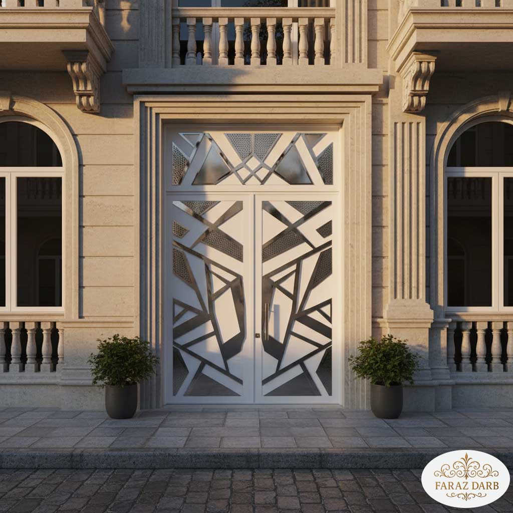 درب حیاطی که از ورق‌های استیل نقره‌ای استفاده کرده