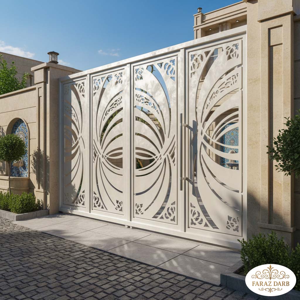درب حیاط با برش CNC طرح مدرن به رنگ صدفی