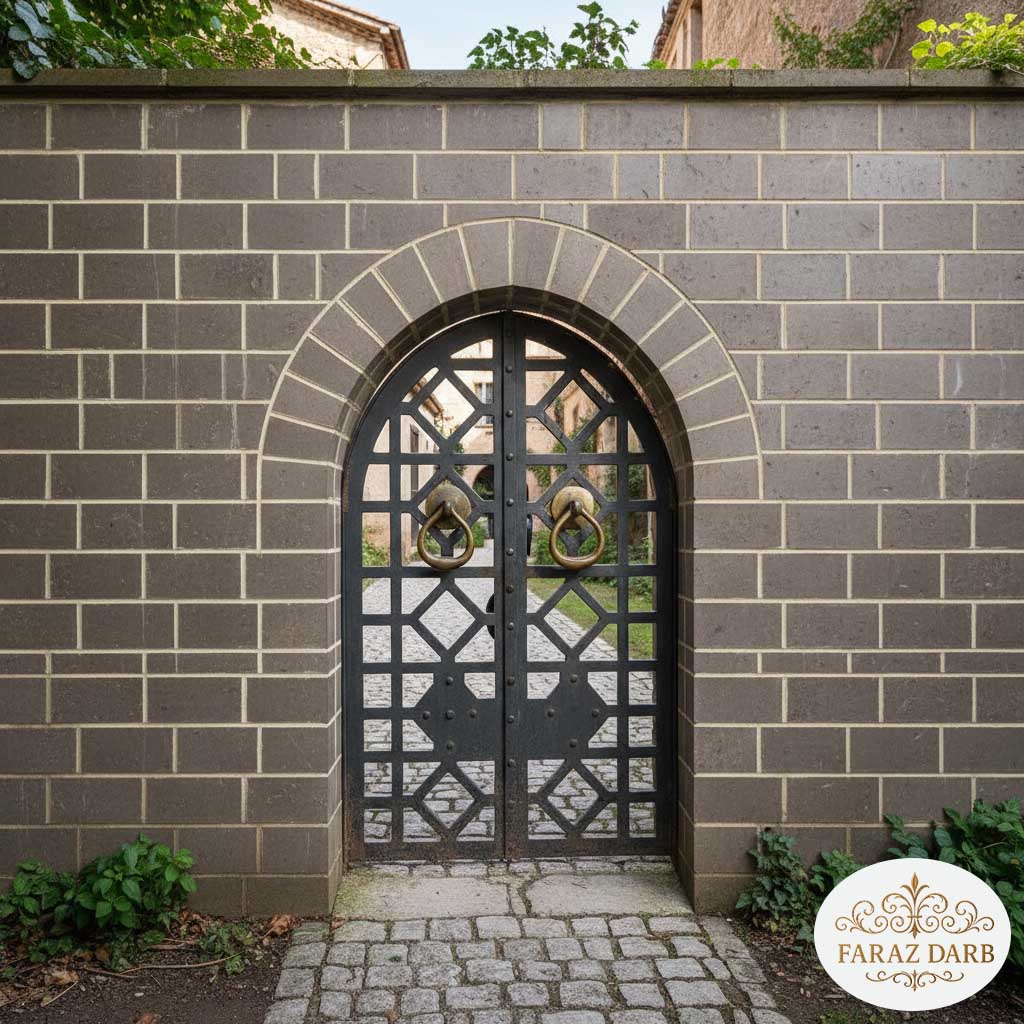 تصویر کلوزآپ از دو کوبه فلزی زنانه و مردانه روی یک درب فلزی