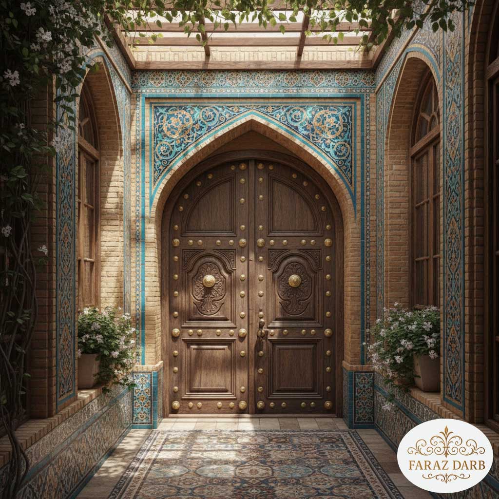 تصویر یک درب حیاط سنتی چوبی با طاق قوسی زیبا و گل‌میخ‌های فلزی