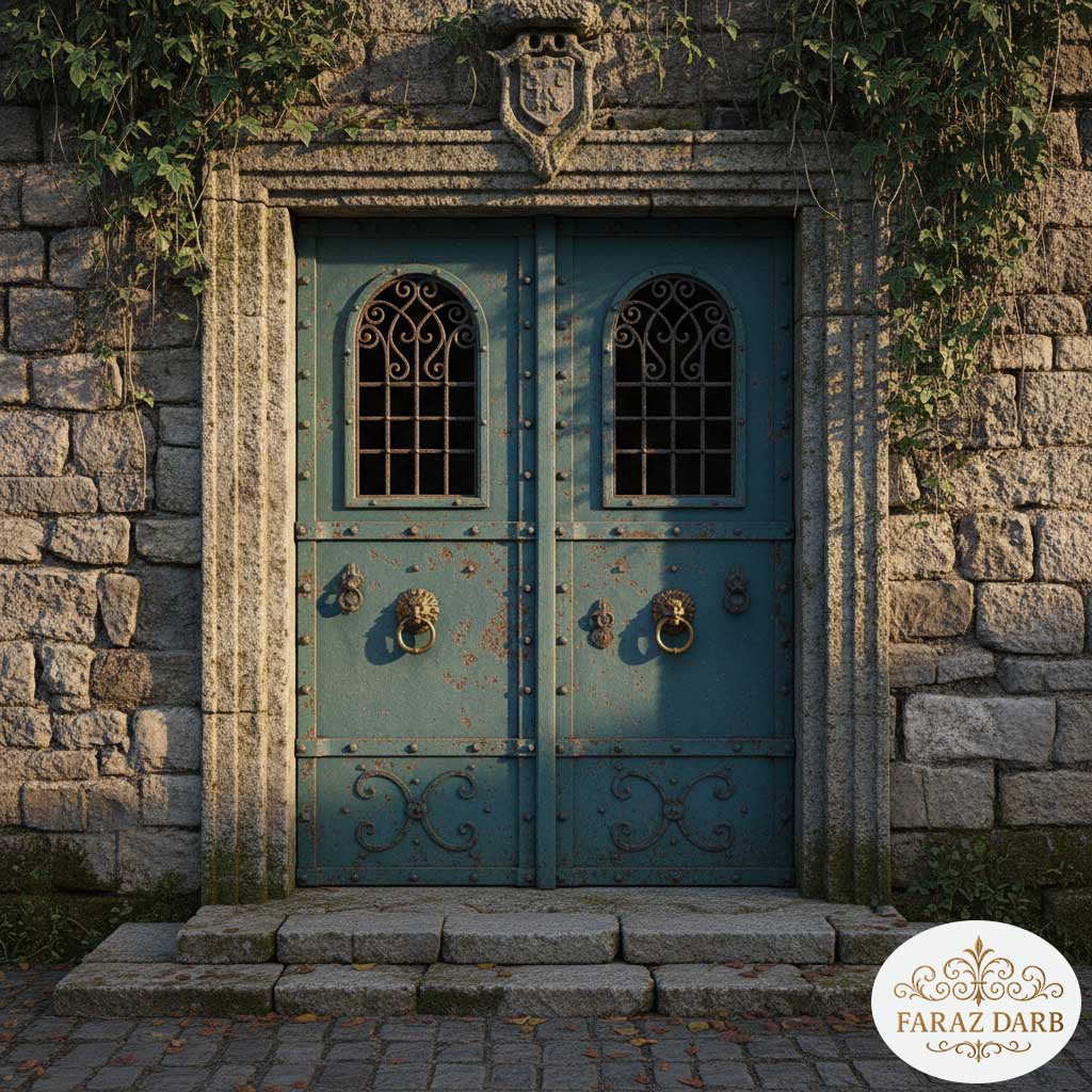 تصویر یک درب فلزی با رنگ فیروزه‌ای که به صورت پتینه و کهنه‌کاری شده به نظر می‌رسد