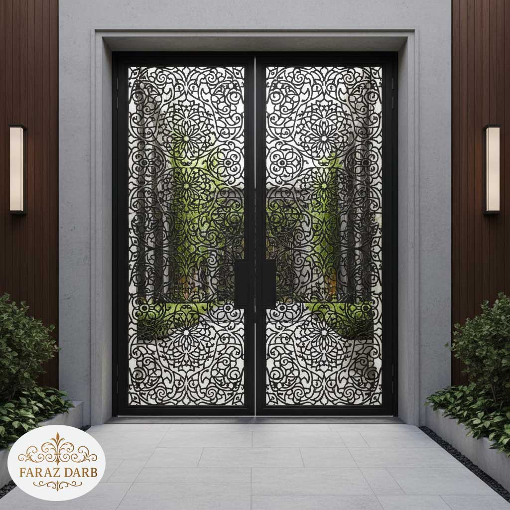 تصویر یک درب فلزی مشکی با برش‌های لیزری بسیار ظریف به شکل نقوش اسلیمی