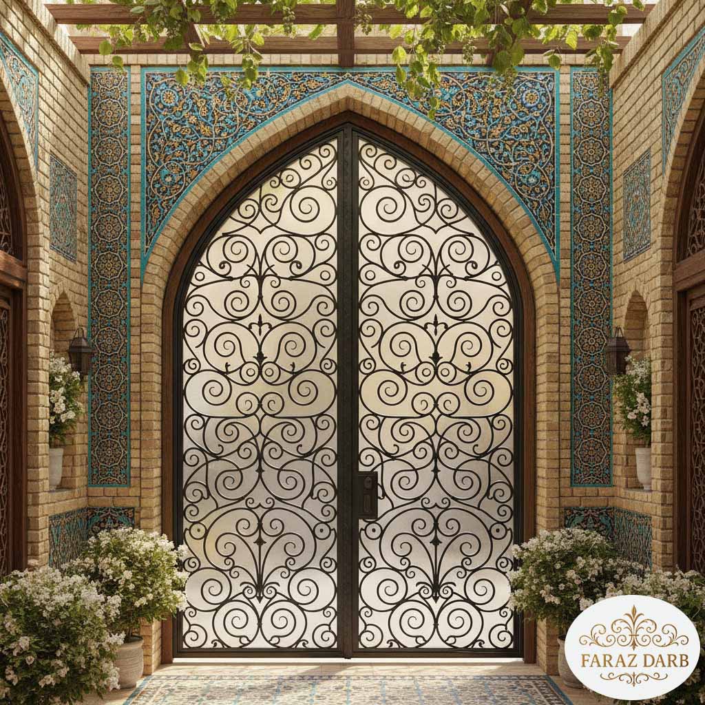 تصویر یک مدل درب حیاط سنتی که قاب چوبی دارد و بخش داخلی آن با فرفورژه طرح اسلیمی پر شده است