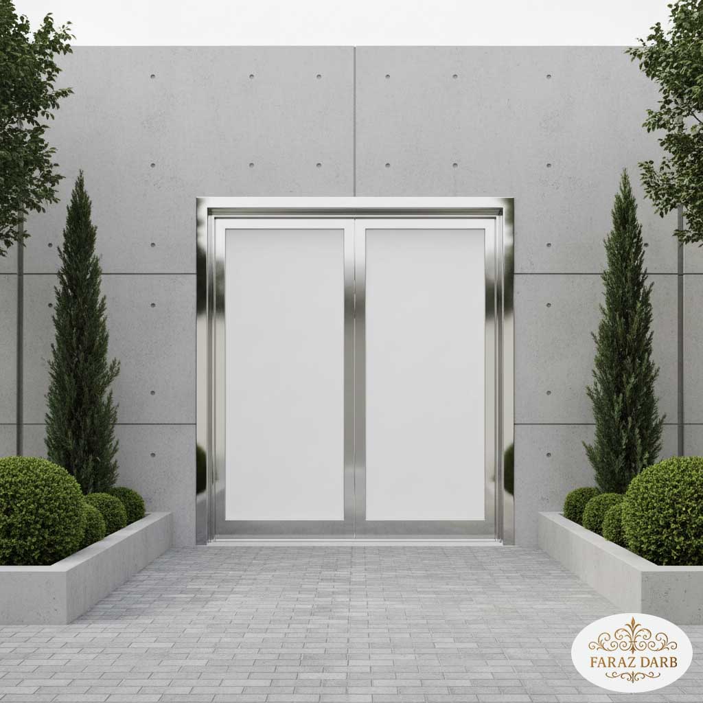 درب حیاط درب سفید با قاب نقره‌ای