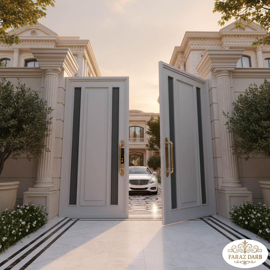 درب حیاط سفید ساده و مدرن که روی آن شیارهای باریک افقی یا عمودی به رنگ طوسی کار شده است