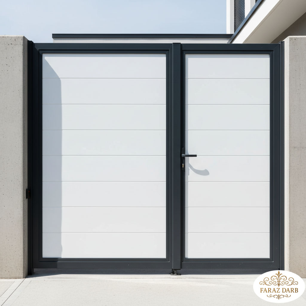 درب حیاط مدرن کاملاً سفید با چارچوب فلزی به رنگ طوسی بسیار تیره یا تقریباً زغالی