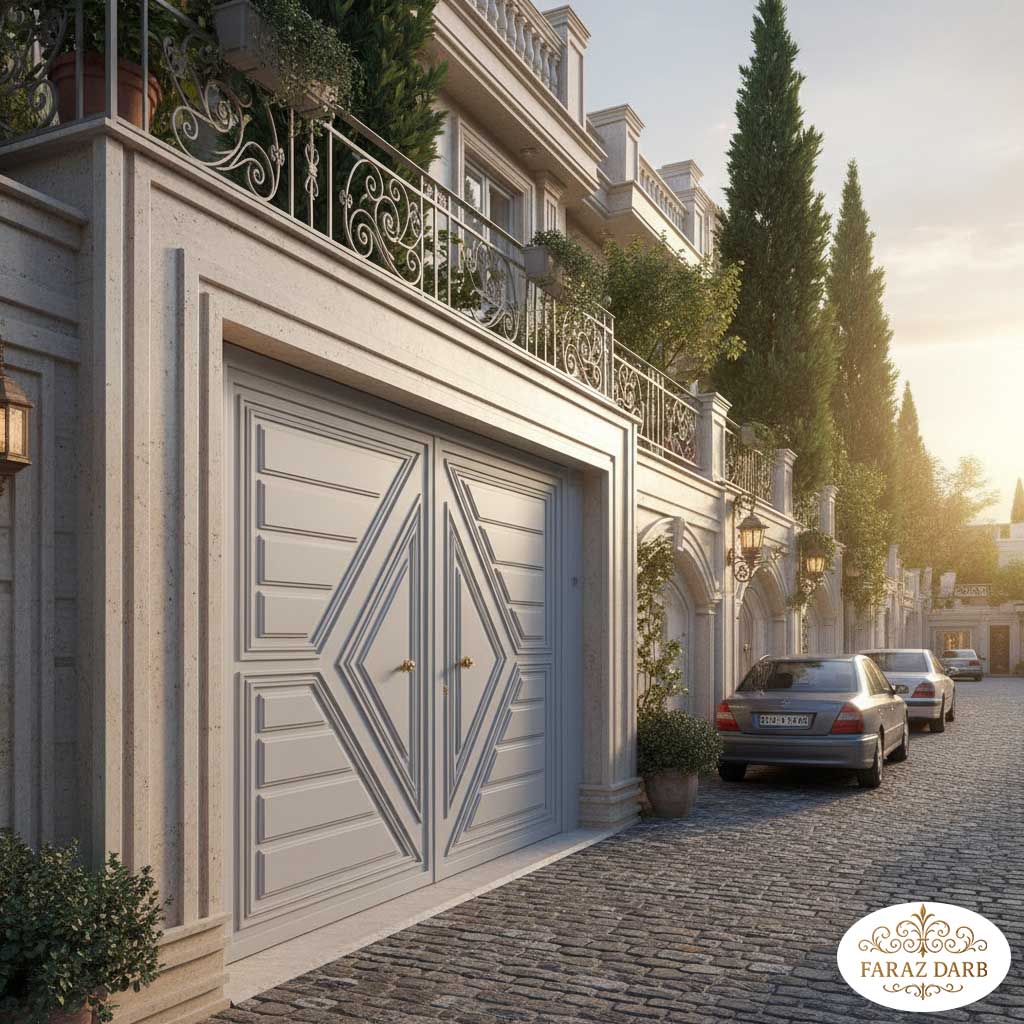 درب حیاط یا پارکینگ به رنگ طوسی روشن و ملایم که قاب دور آن سفید رنگ است