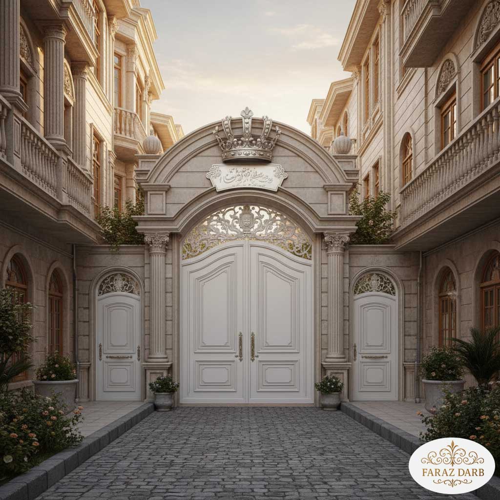 درب حیاط سفید با تاج و کتیبه نقره‌ای