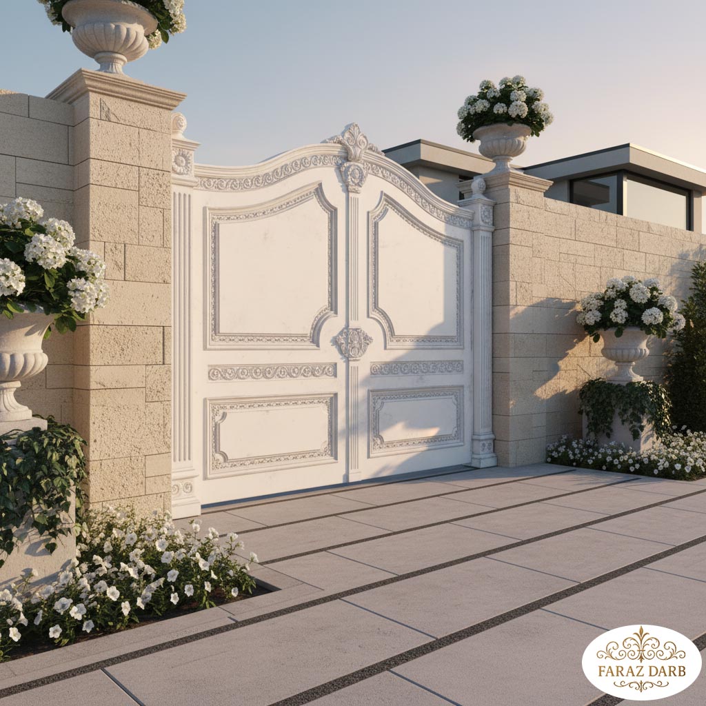 درب سفید با کنده‌کاری‌های کلاسیک که در فرورفتگی‌های آن پتینه طوسی ملایم کار شده است