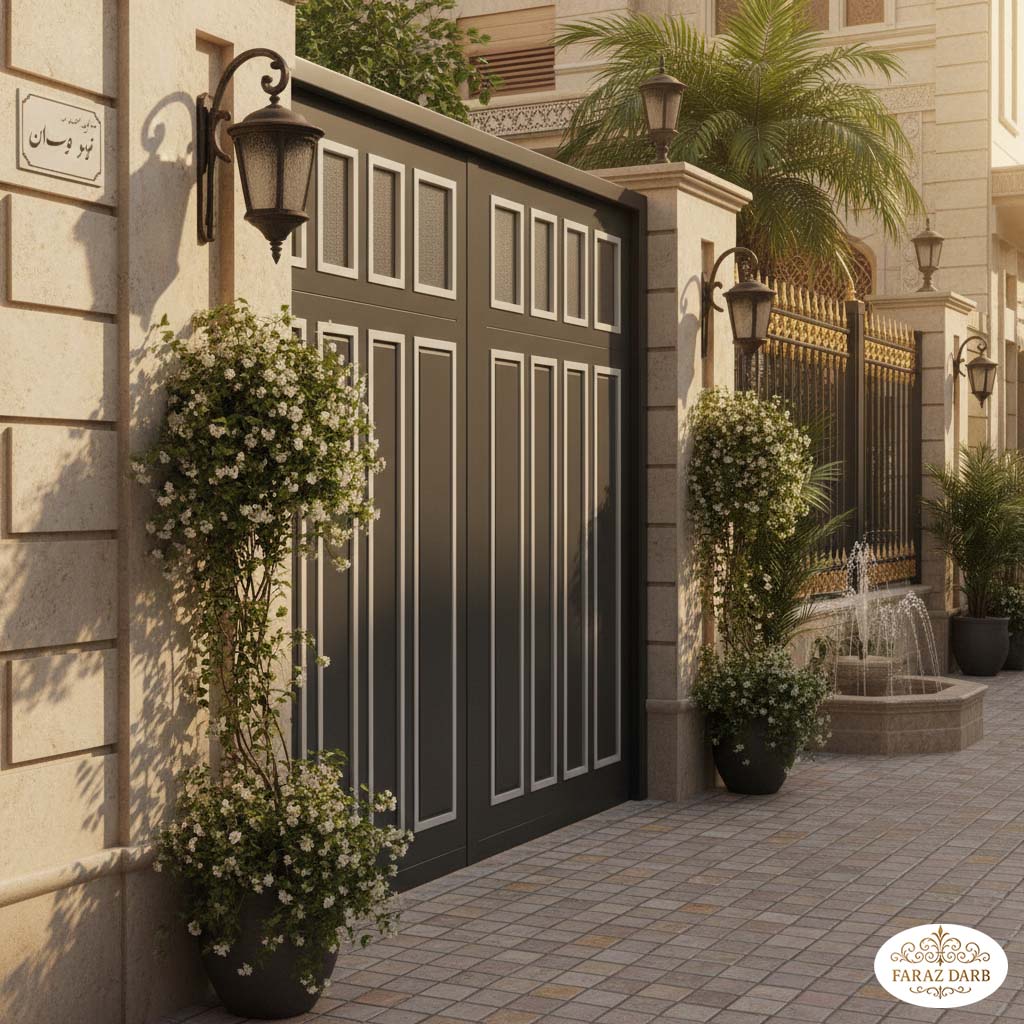 درب طوسی تیره که در قسمت بالایی آن پنجره‌های مستطیلی با شیشه مات و قاب سفید دور شیشه‌ها قرار دارد