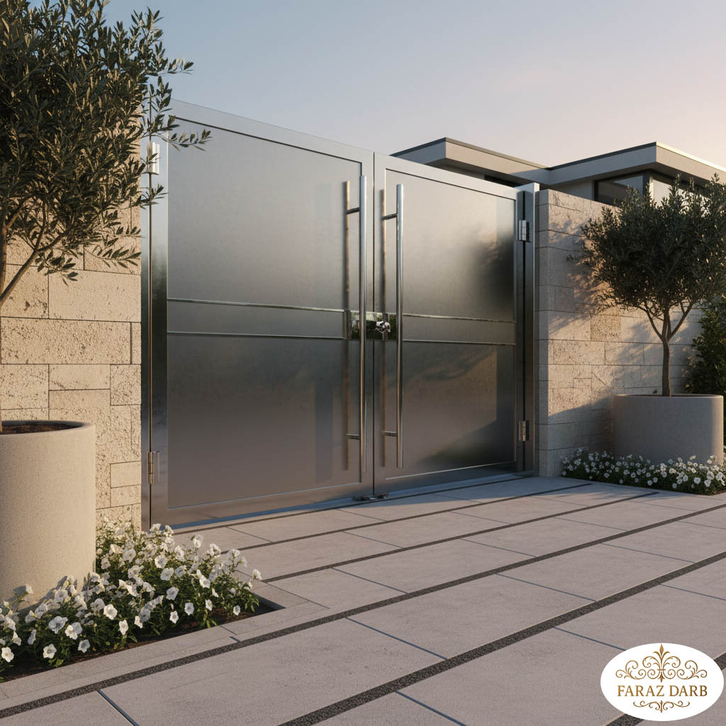 درب طوسی متالیک با دستگیره‌ها و یراق‌آلات نقره‌ای براق