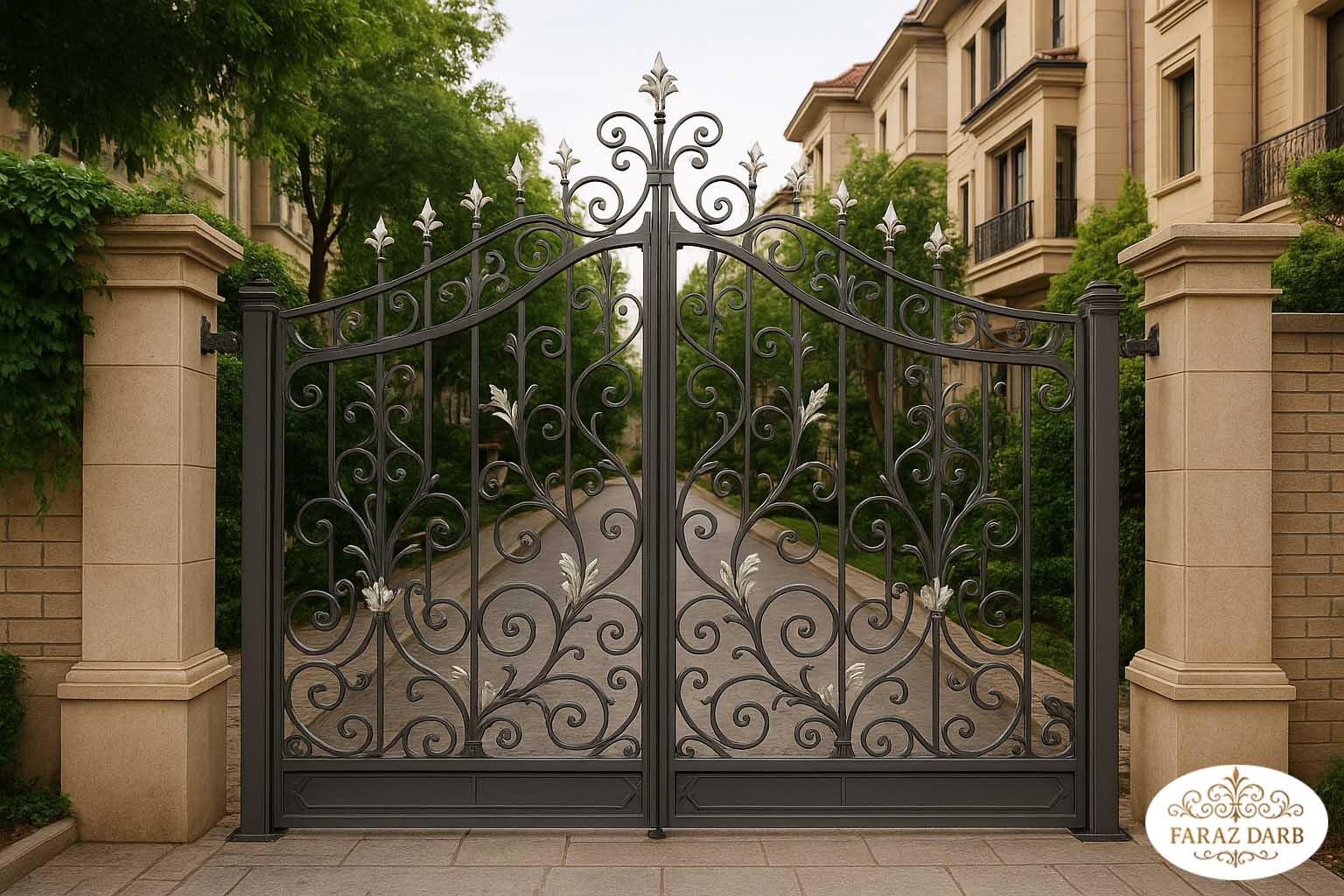 درب فرفورژه با گل‌نرده‌های پیچیده که بخش‌های اصلی آن طوسی و گل‌ها یا نوک پیکان‌ها سفید یا نقره‌ای است