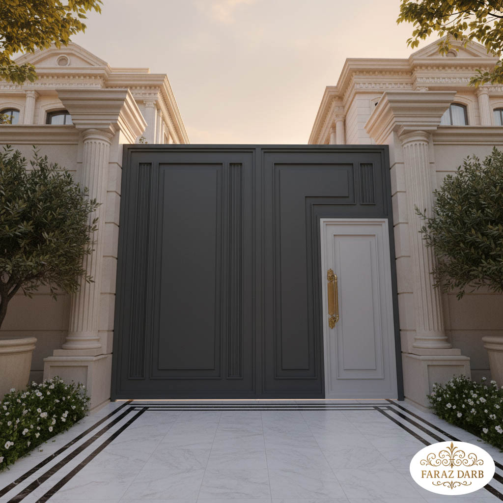 درب پارکینگ سه لنگه که دو لنگه بزرگ ماشین‌رو طوسی تیره و لنگه کوچک نفررو سفید است