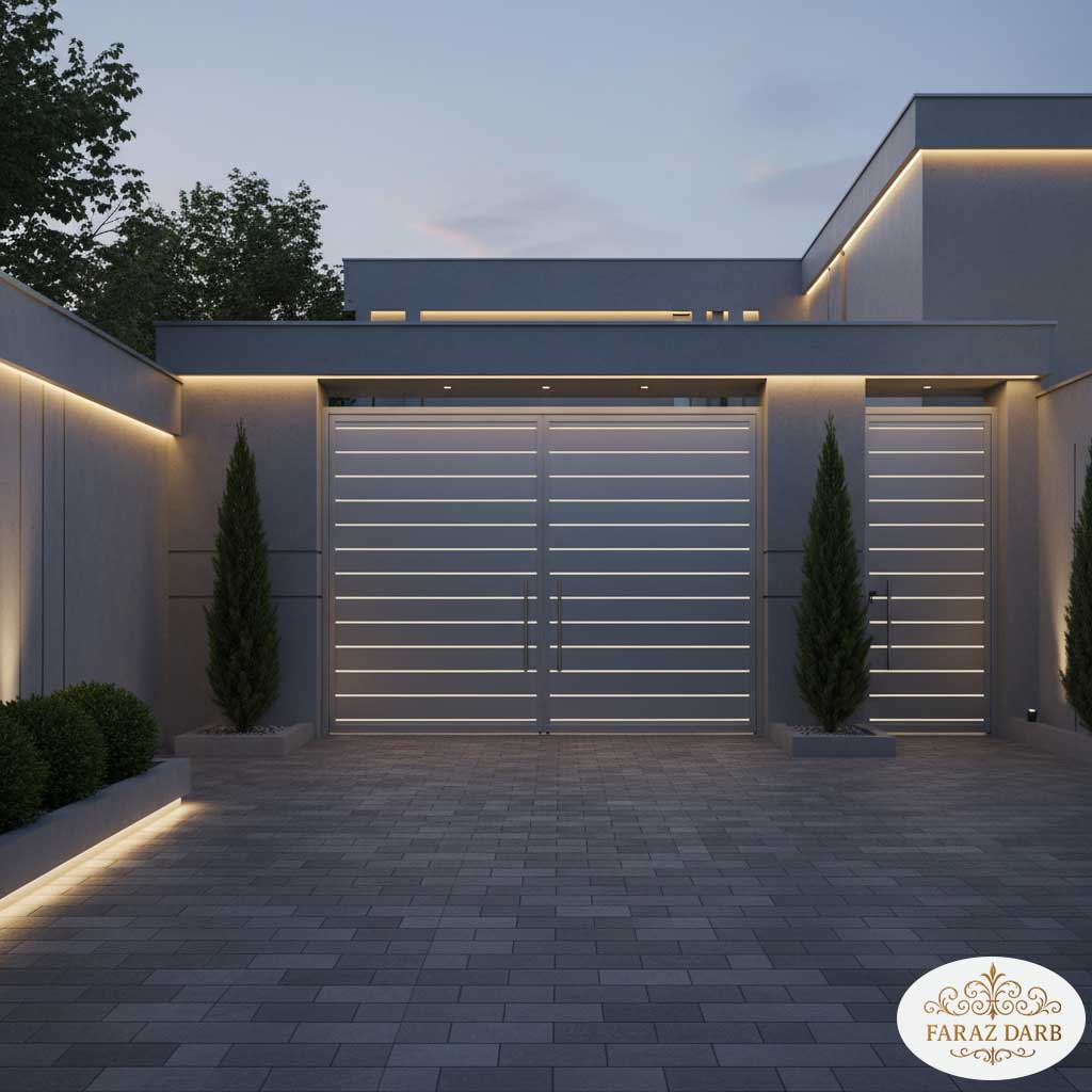 درب حیاط نقره‌ای مات با خطوط افقی سفید