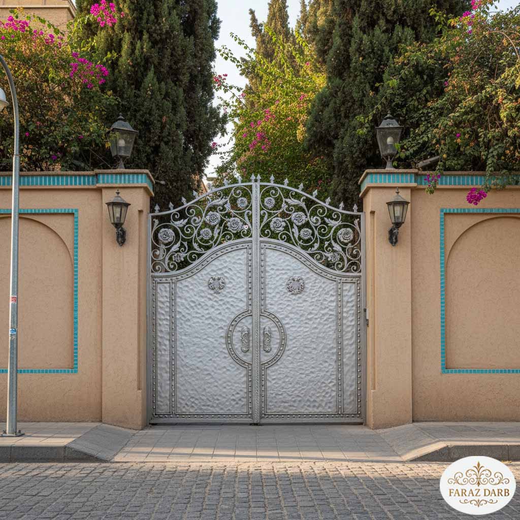 درب حیاط نقره‌ای چکشی با گل‌نرده‌های سفید