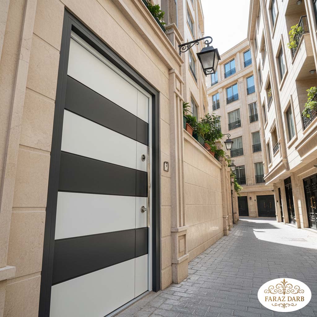 یک درب ضد سرقت آپارتمانی یا ویلایی که پنل اصلی آن سفید است اما دارای بخش‌های تزئینی یا نوارهای افقی طوسی است