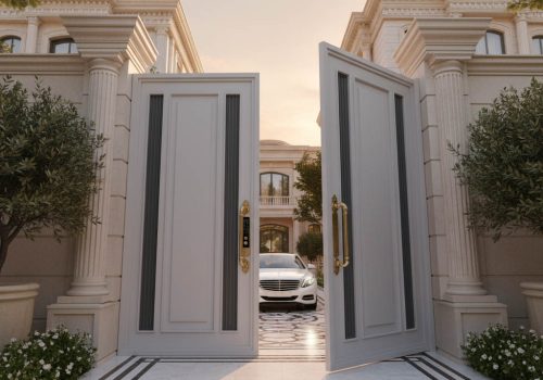 درب حیاط سفید ساده و مدرن که روی آن شیارهای باریک افقی یا عمودی به رنگ طوسی کار شده است