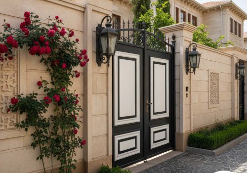 درب حیاط کلاسیک مشکی با پنل‌های سفید